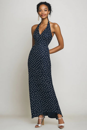 Navy Sheath Halter Long White Polka Dots Dress